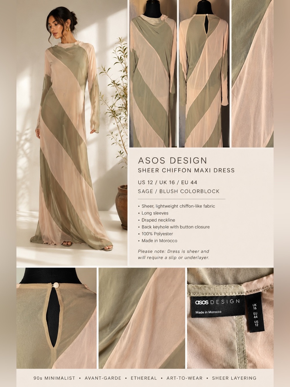 ASOS DESIGN Sheer Chiffon Colorblock Maxi Dress – Sage Blush – US 12